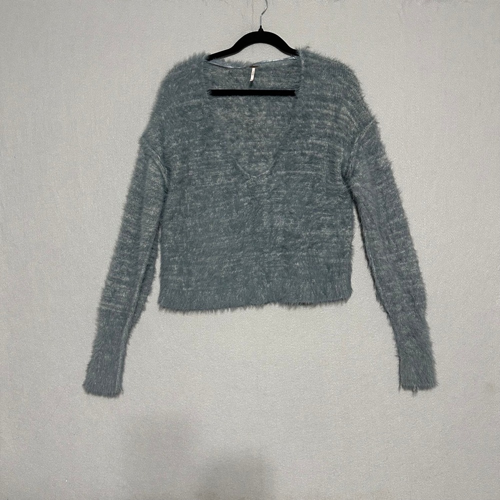 Free People Fuzzy Eyelash‎ Knit V-Neck Sweater Blue Gray XS TP Pullover